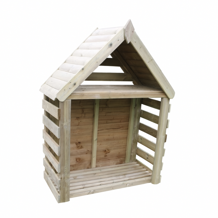 Wooden playhouse with a slanted roof on a white background