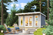 Modern Sicily log cabin with 44mm walls, large glazed doors and tall windows. Ideal for garden offices or outdoor living. Available from Ashdown Garden Buildings.