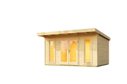 Modern Sicily log cabin with 44mm walls, large glazed doors and tall windows. Ideal for garden offices or outdoor living. Available from Ashdown Garden Buildings.