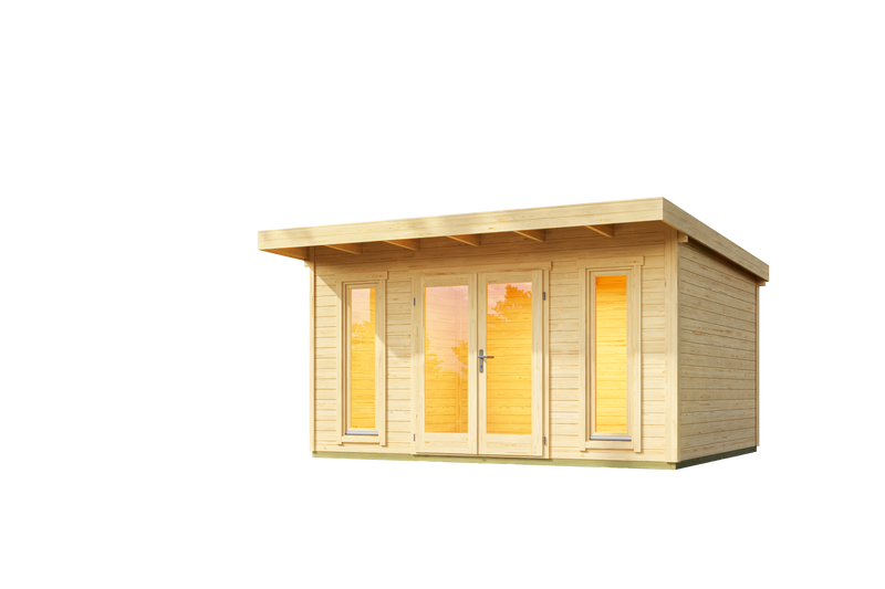 Modern Sicily log cabin with 44mm walls, large glazed doors and tall windows. Ideal for garden offices or outdoor living. Available from Ashdown Garden Buildings.