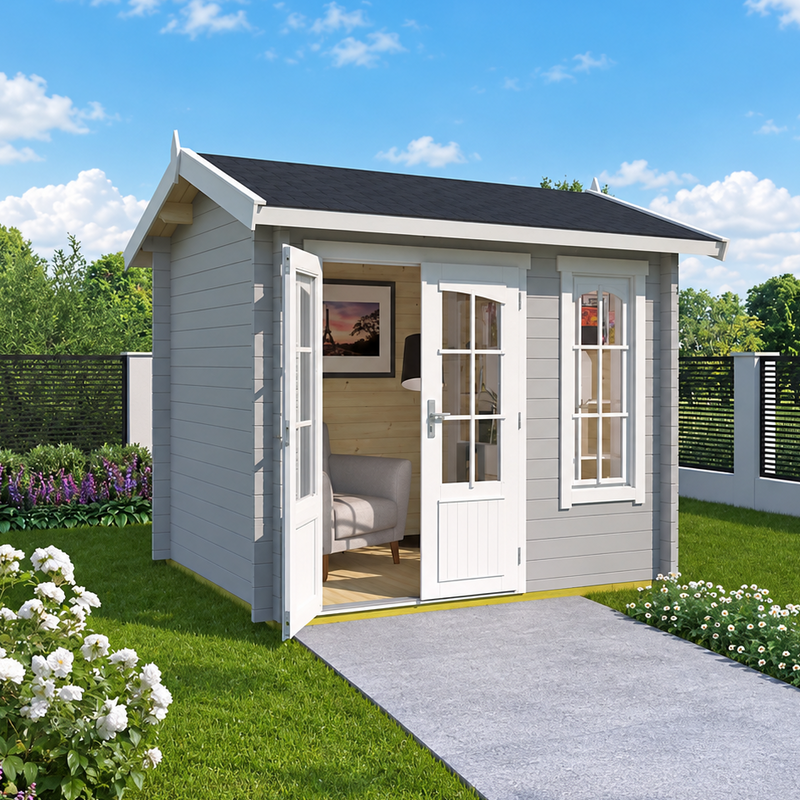 A light gray wooden garden shed with white doors and a black roof, shown in a landscaped backyard with a green lawn, flowers, trees, and a blue sky.