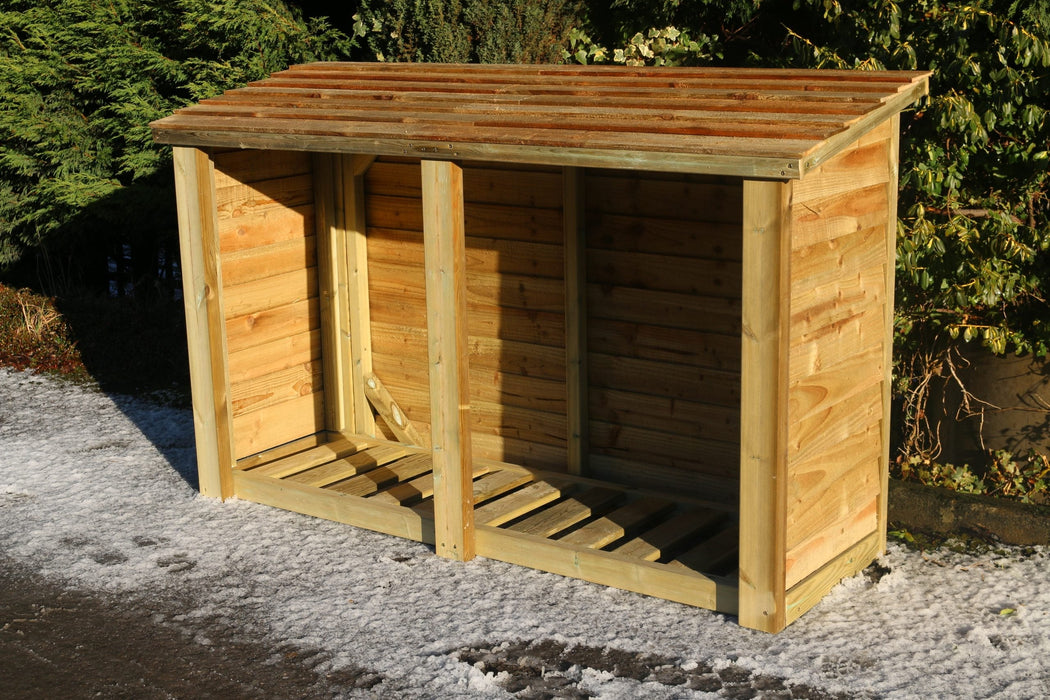 Wooden outdoor storage shed with a slanted roof, surrounded by greenery.