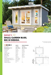 Modern Sicily log cabin with 44mm walls, large glazed doors and tall windows. Ideal for garden offices or outdoor living. Available from Ashdown Garden Buildings.