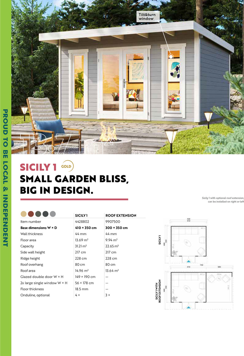Modern Sicily log cabin with 44mm walls, large glazed doors and tall windows. Ideal for garden offices or outdoor living. Available from Ashdown Garden Buildings.